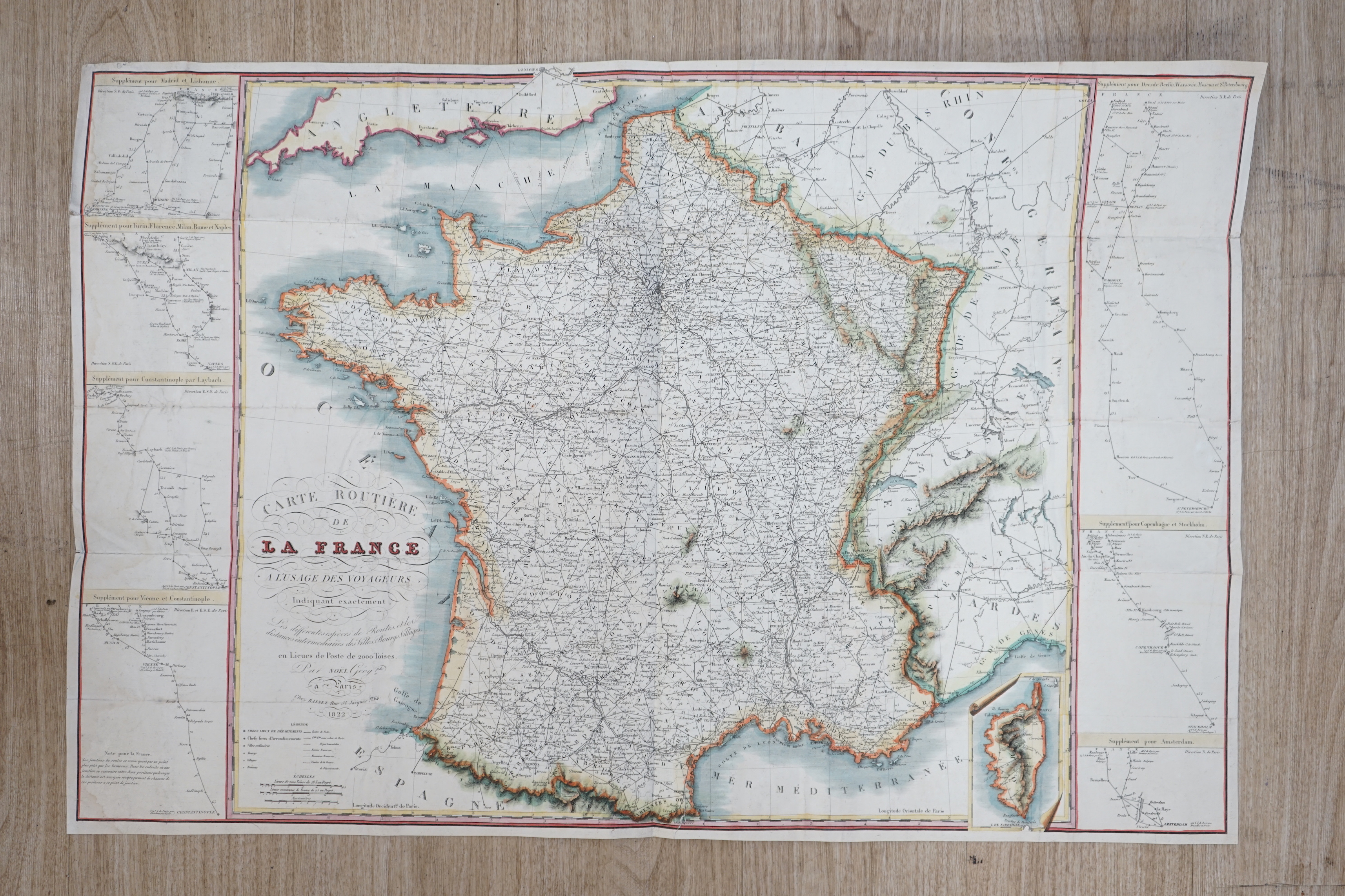 Andre Basset (French, 19th. C), Carte Routiere de la France, hand coloured map, sold by Basset, Roue St. Jacques, 1822, unframed, 62 x 93cm